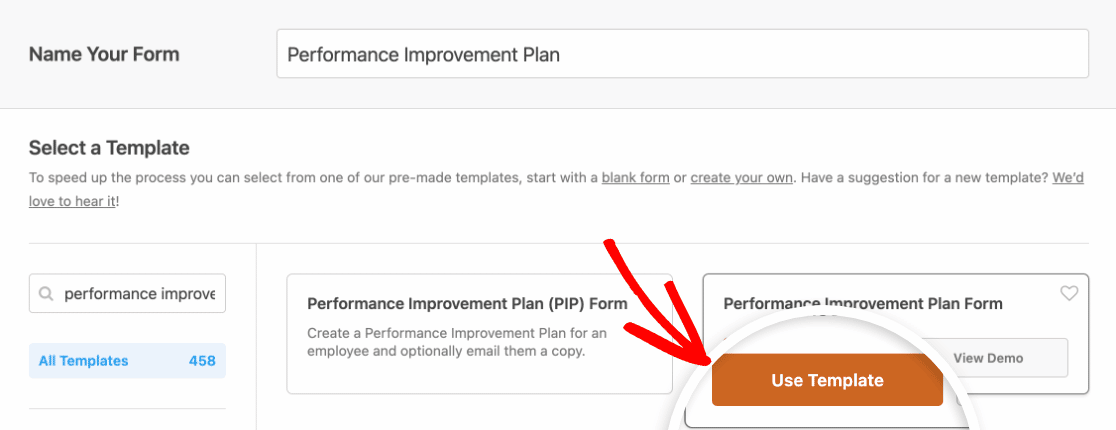 Selecting the Performance Improvement Plan template