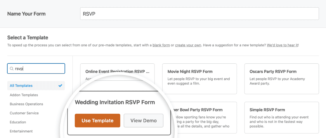 The WPForms Wedding Invitation RSVP form templates