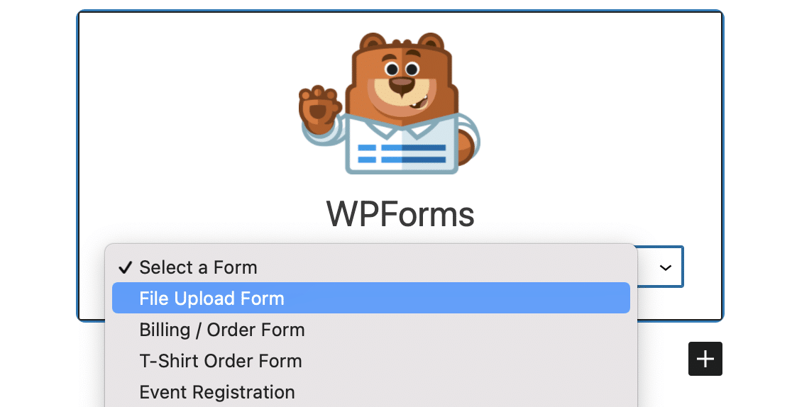 Selecting a file upload form in the WPForms block
