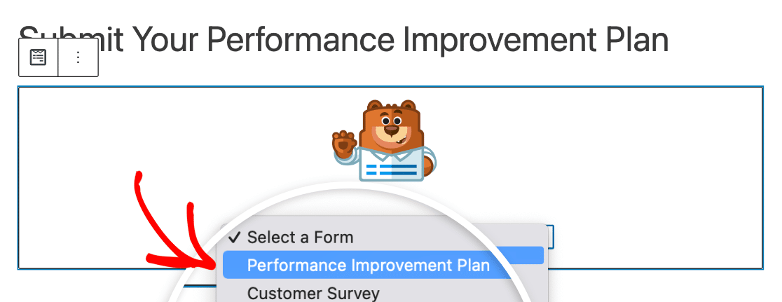 Choosing your PIP form from the WPForms block dropdown