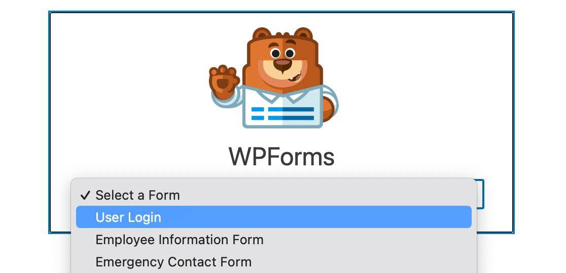 Selecting your user login form from the WPForms block dropdown