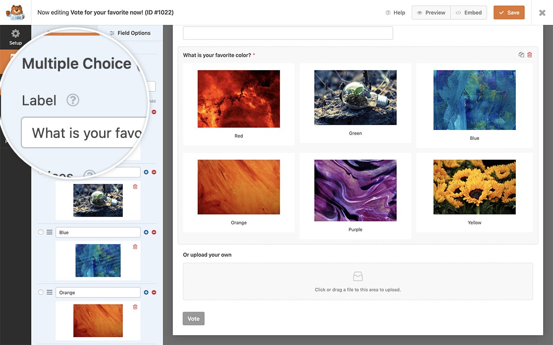create your form and add your multiple choice fields with the image choice options
