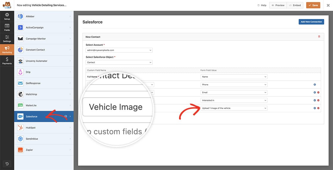 just map the fields correctly on the Salesforce connection to send the file upload URL to Salesforce