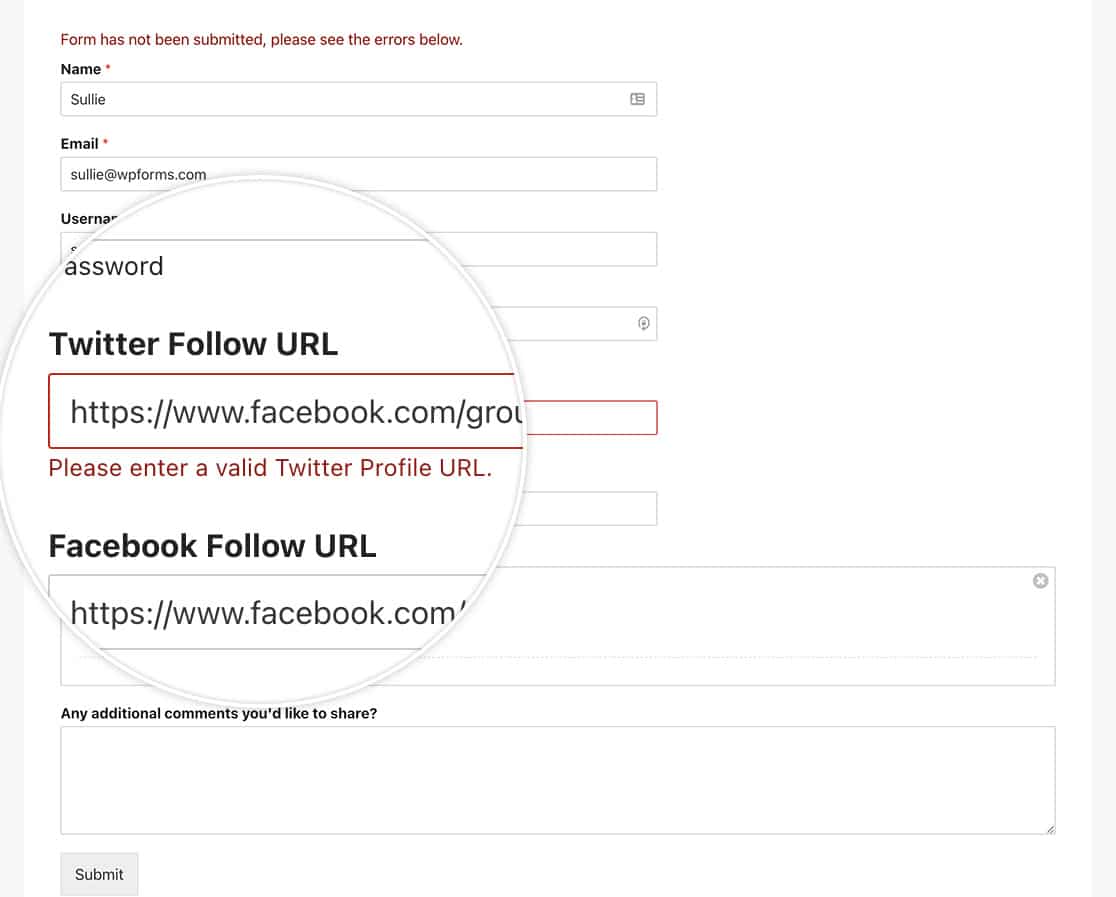 with this snippet added you can easily validate a social media URL within your form