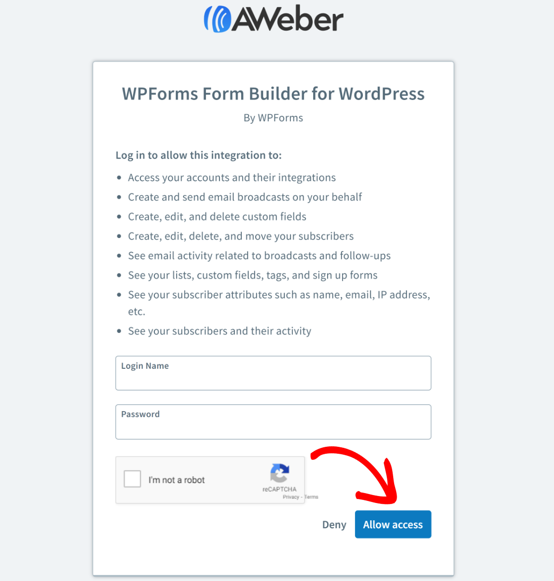 AWeber integration login page