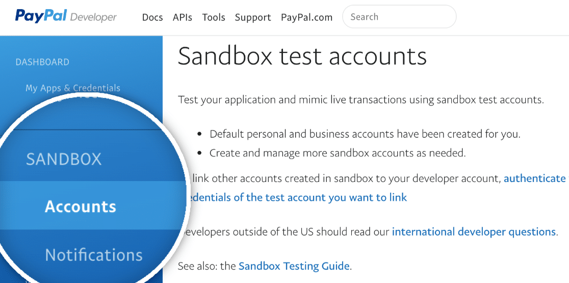 Accessing the Accounts section of a PayPal sandbox account
