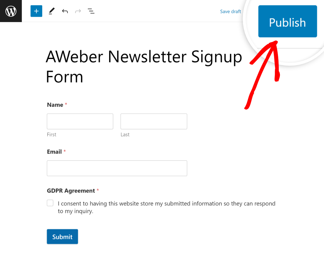 Publish the AWeber subscribe form