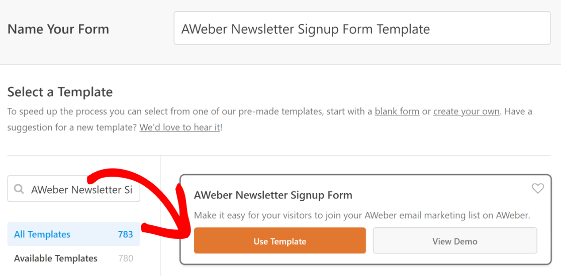 Select the AWeber Newsletter Signup Form template