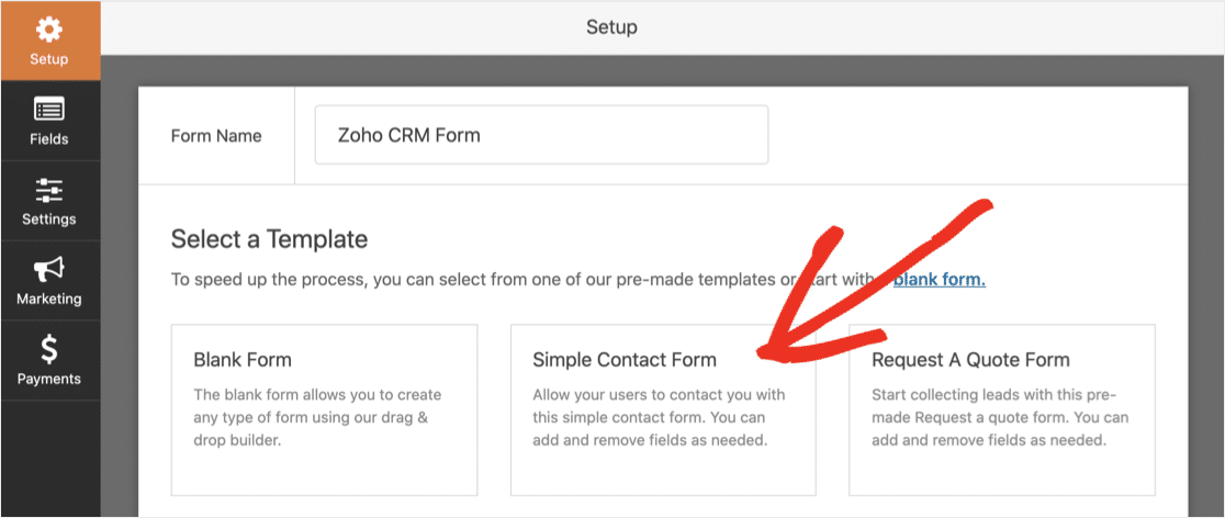 Select WPForms contact form template