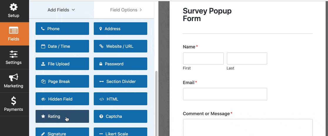 Add star rating field to popup survey form in WordPress