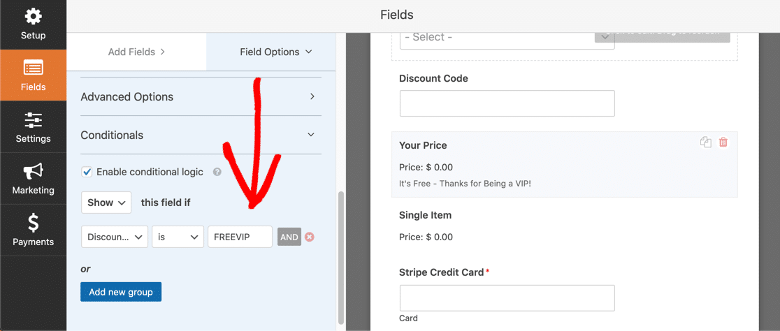 Conditional logic for coupon code field