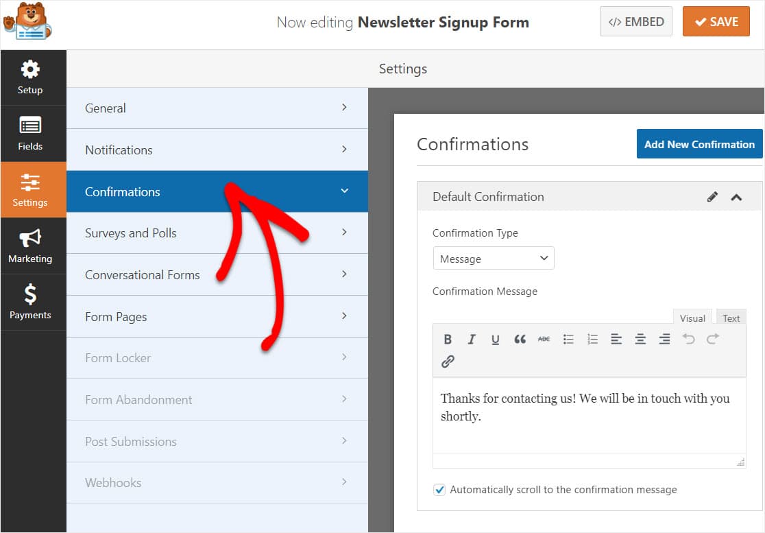 confirmations for aweber wordpress forms