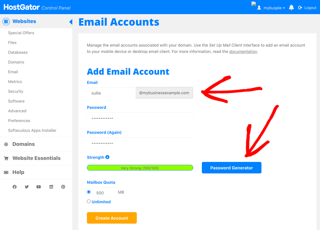 Create first free business email account username at HostGator