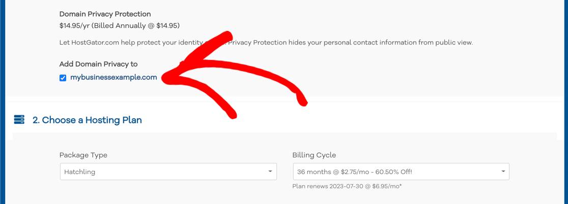 HostGator Domain Privacy Checkbox