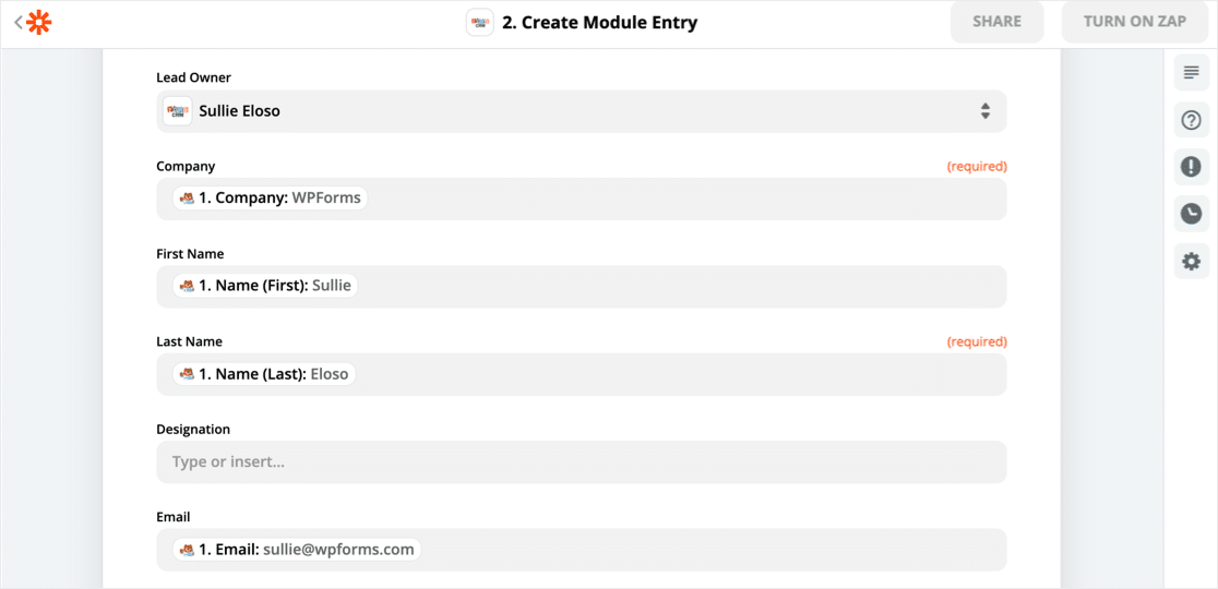 Map WPForms fields to Zoho CRM