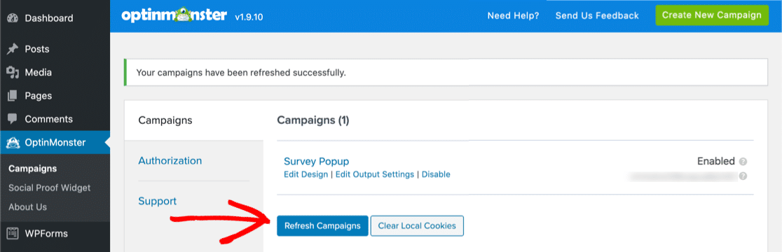 OptinMonster refresh campaigns button