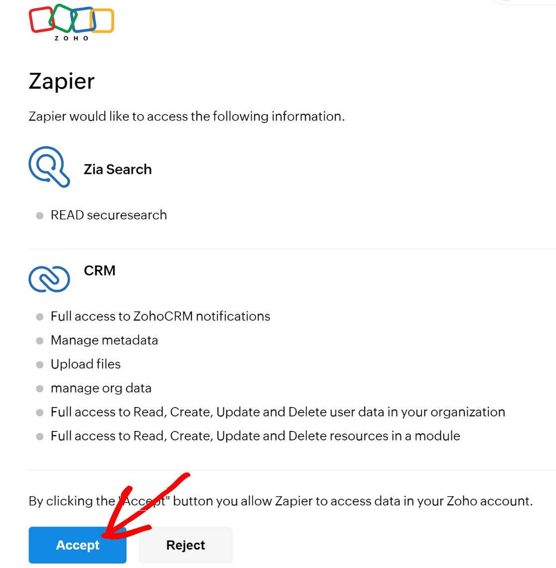 Permit Zoho connection