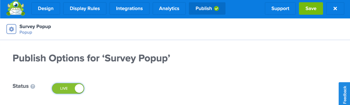 Set popup survey status to live