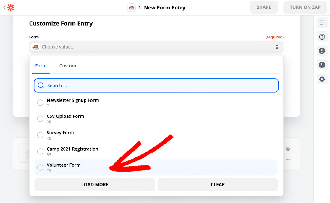 Select Toggl form in Zapier