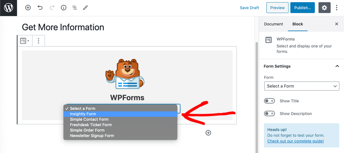 Select Insightly WordPress form in the block editor