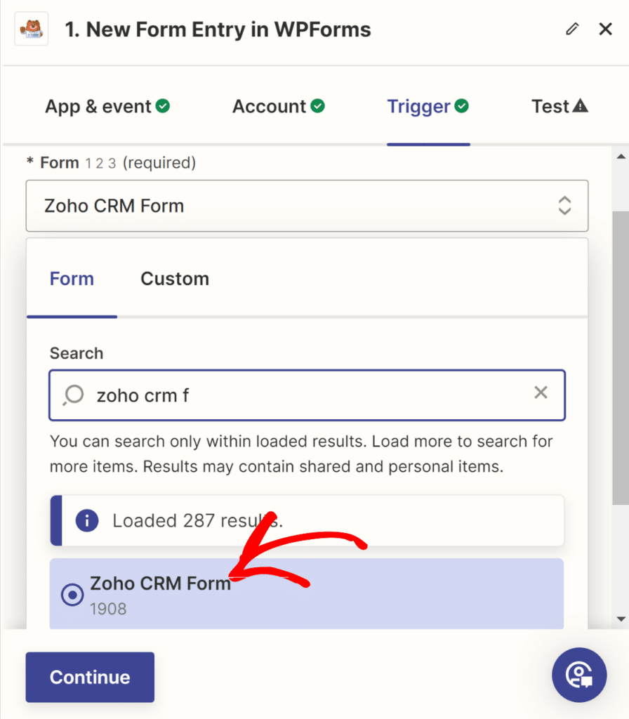 Trigger Form - WPForms Sélectionner un formulaire pour le déclencheur