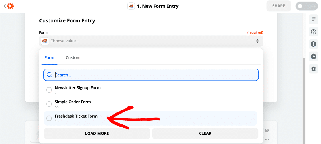 Select WordPress Freshdesk form in Zapier