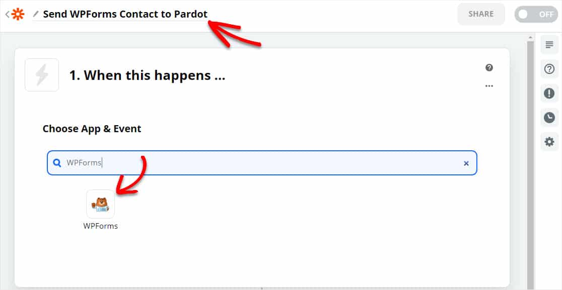 select wpforms in zapier for pardot form connection
