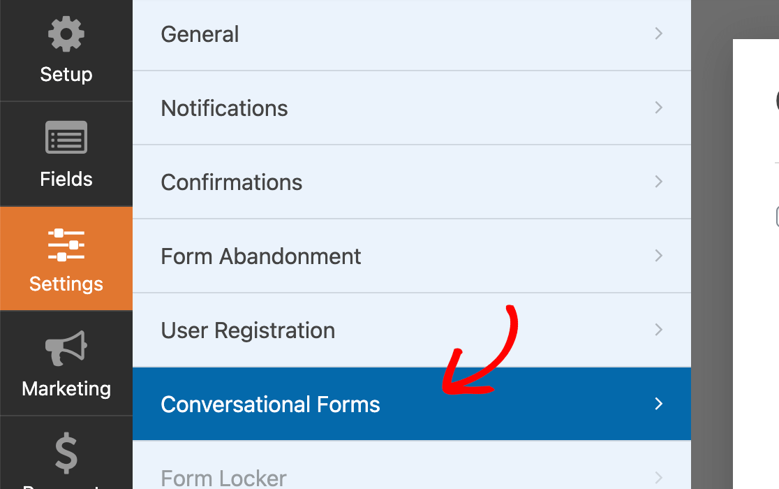 Accessing the conversational forms settings in the form builder