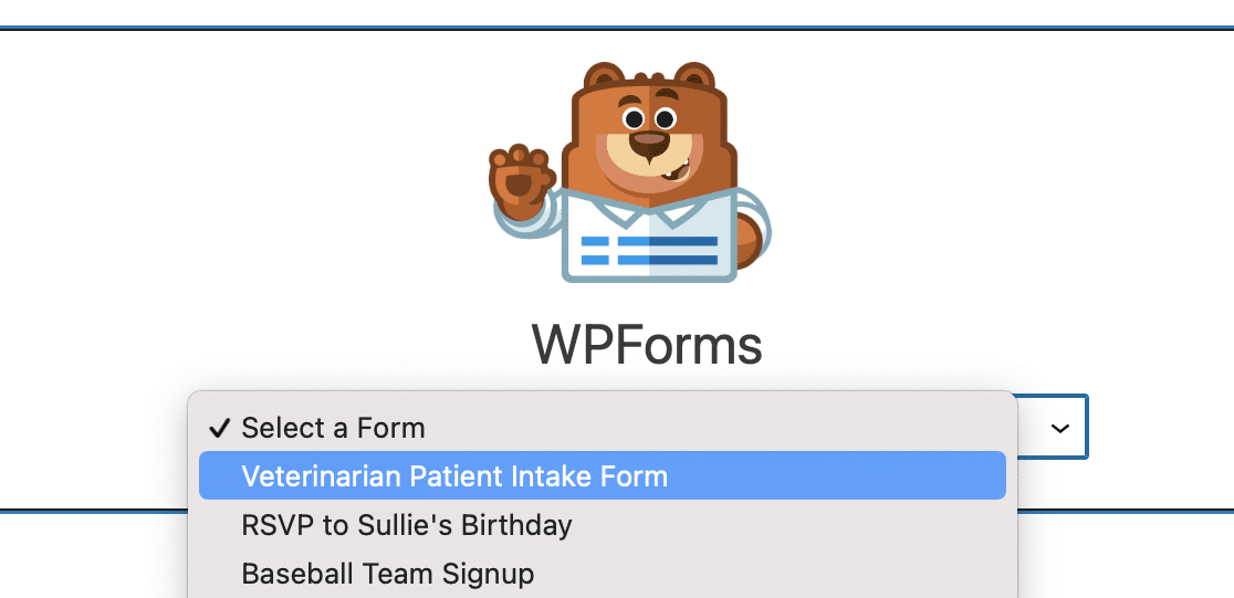 Choosing your veterinary intake form from the WPForms block