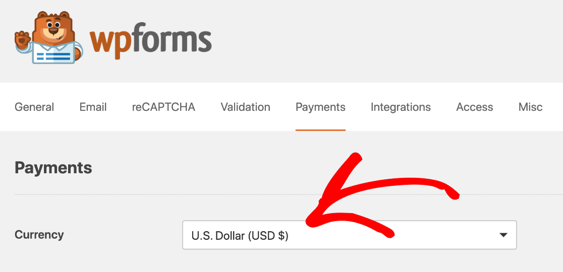 WPForms payment form currency