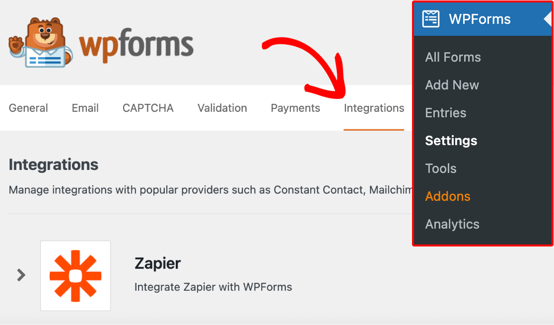 Opening the WPForms integrations settings