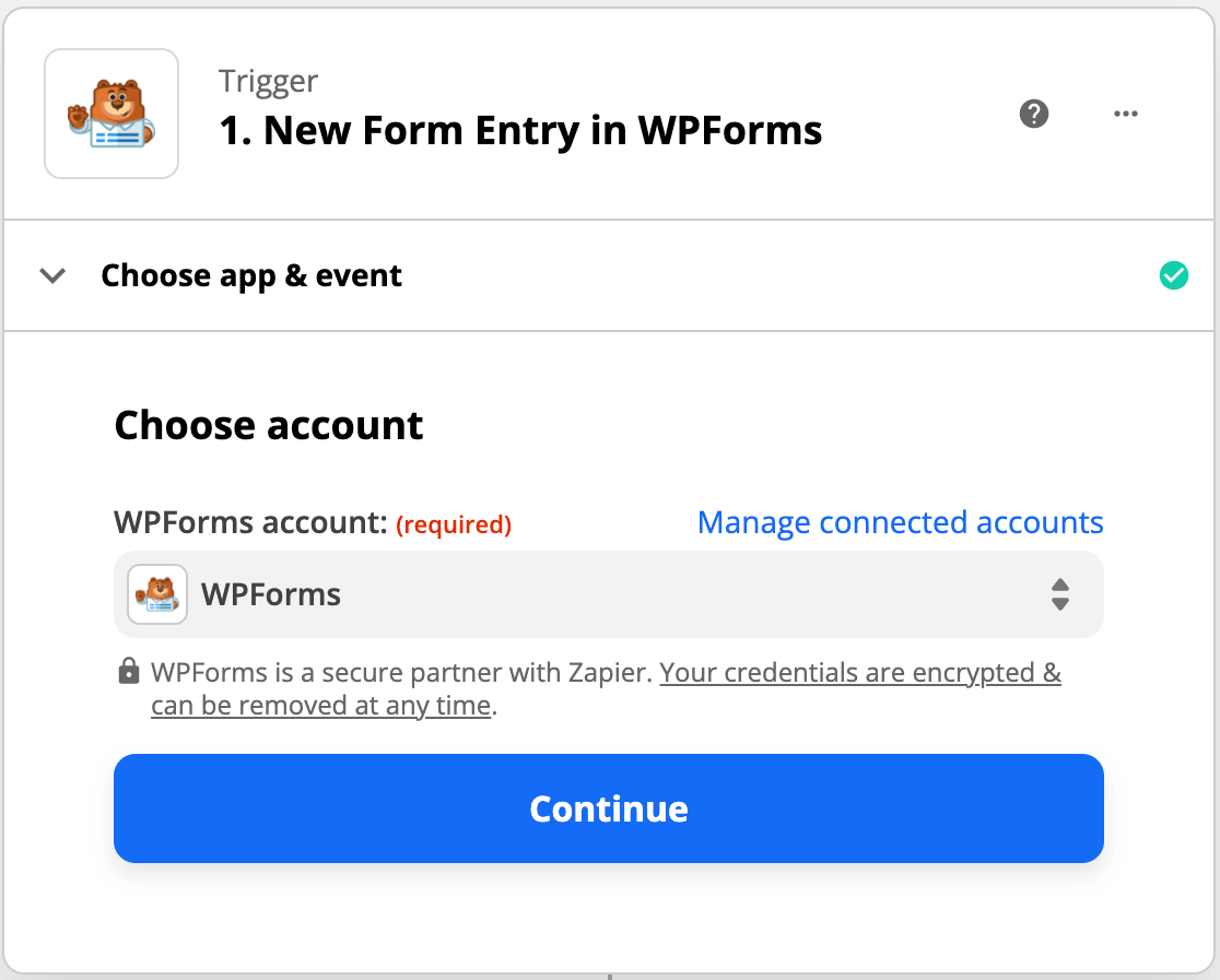 Selecting your WPForms account in Zapier