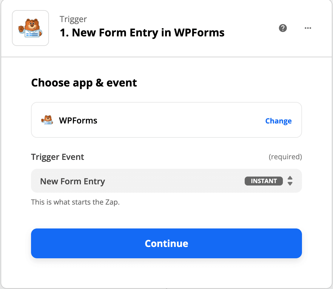 Selecting New Form Entry as the trigger event in Zapier