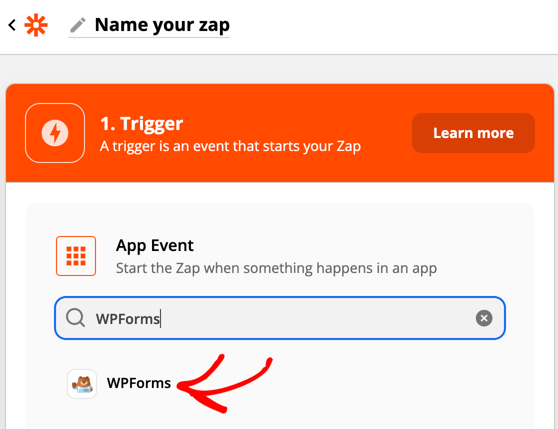 Selecting WPForms as the trigger app in Zapier