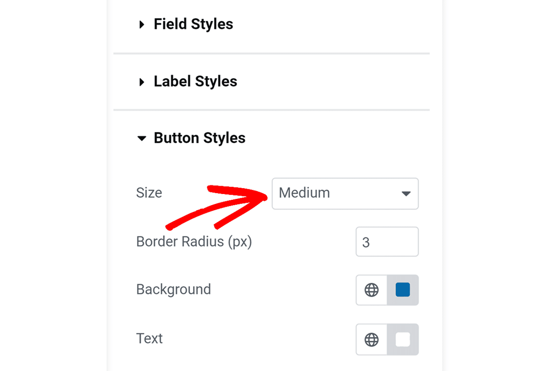 Button size options in Style tab