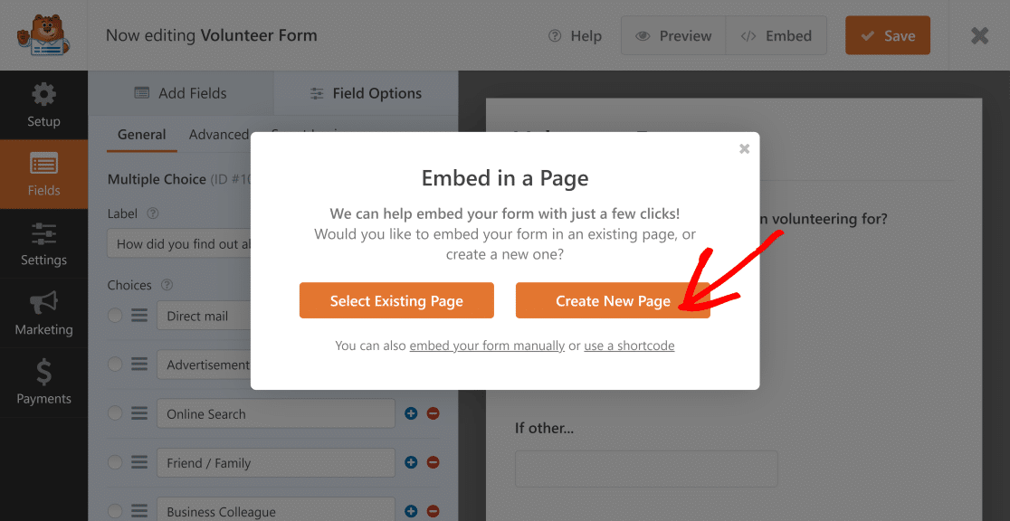 Create new page to embed form