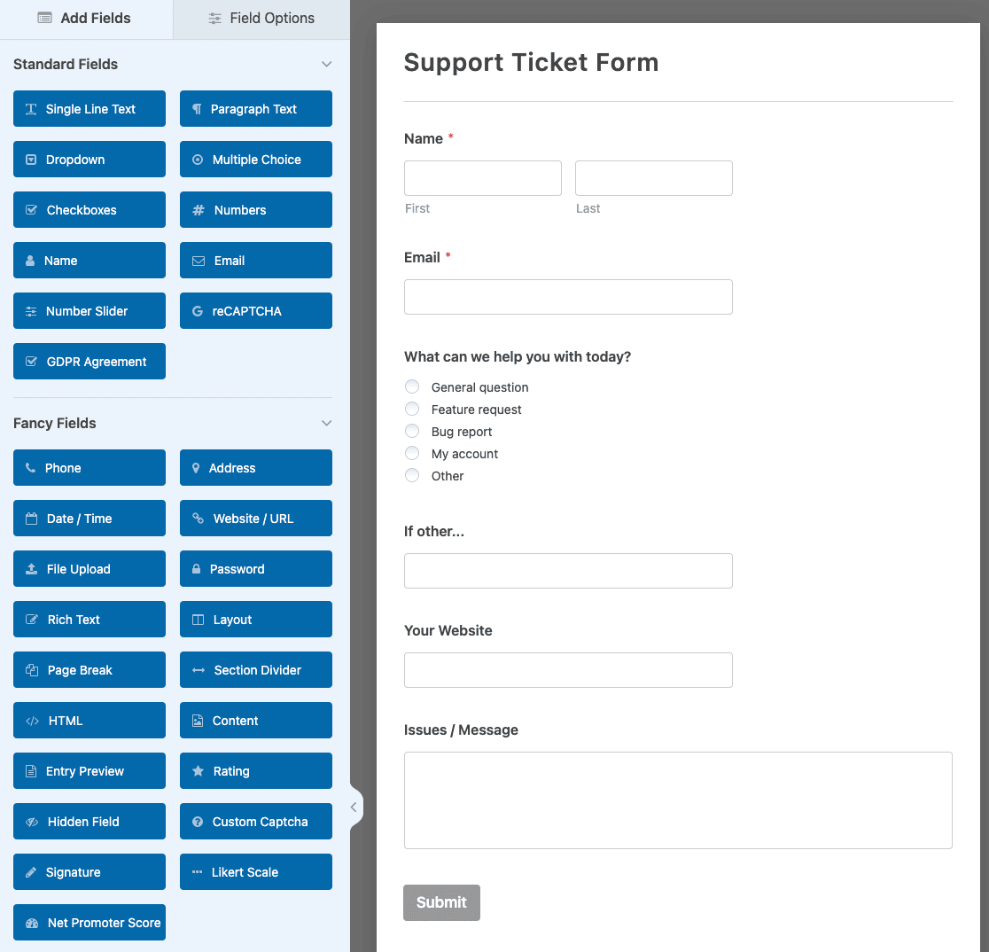 Customizing the Support Ticket Form template