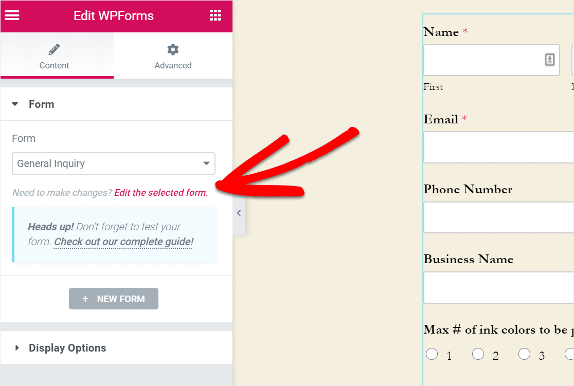 edit selected wpforms form in elementor