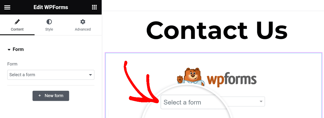 Selecting an existing form from the WPForms Elementor widget