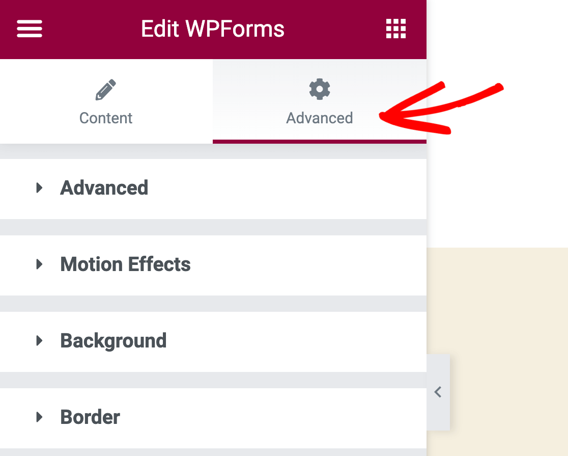 Opening the Advanced options for the WPForms widget in Elementor
