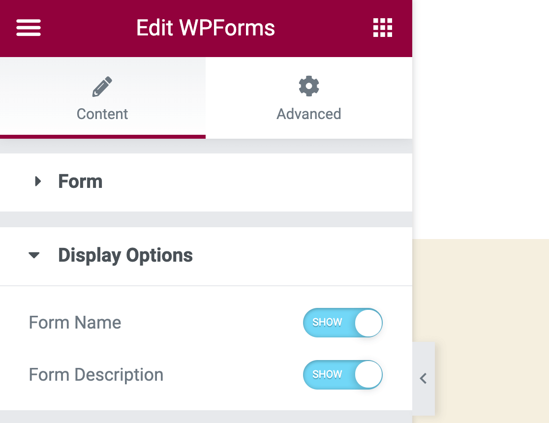 Showing the form name and description in the WPForms Elementor widget