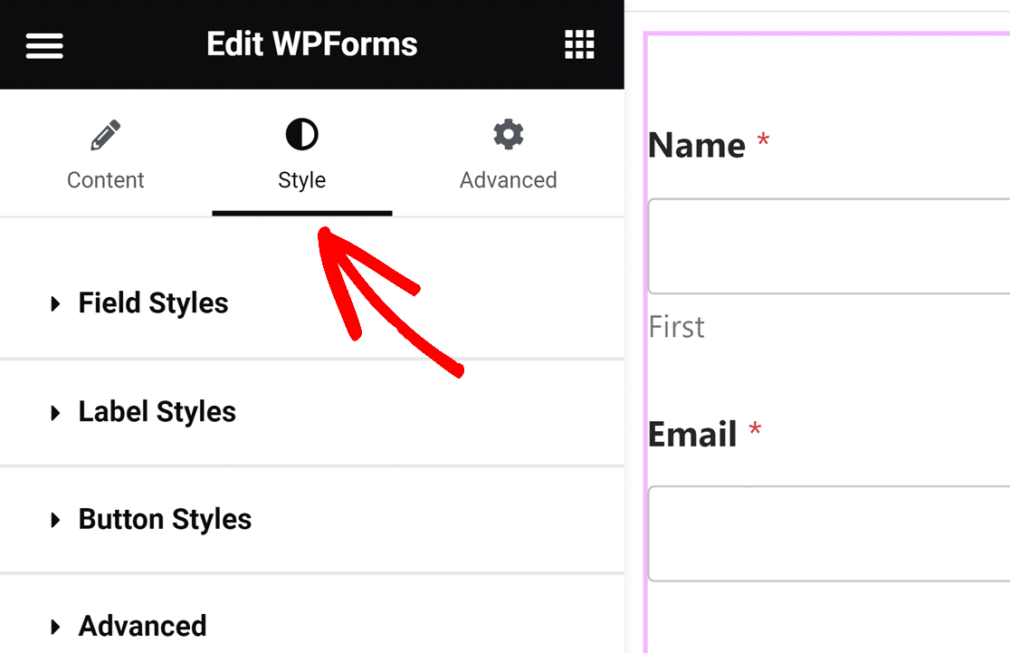 Opening the Style options for the WPForms widget in Elementor