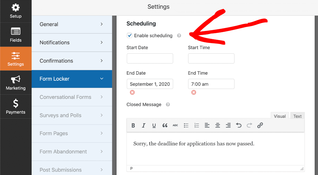 Enable form expiry scheduling on your form