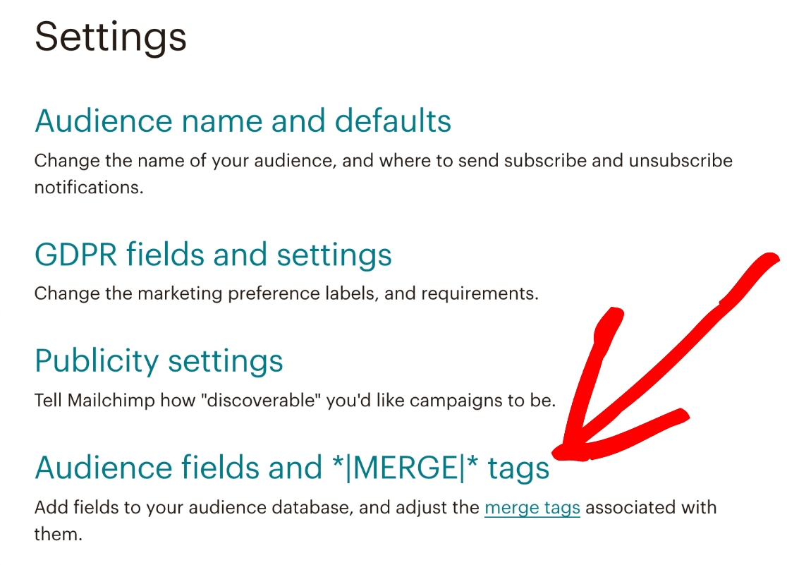 Mailchimp merge tag settings