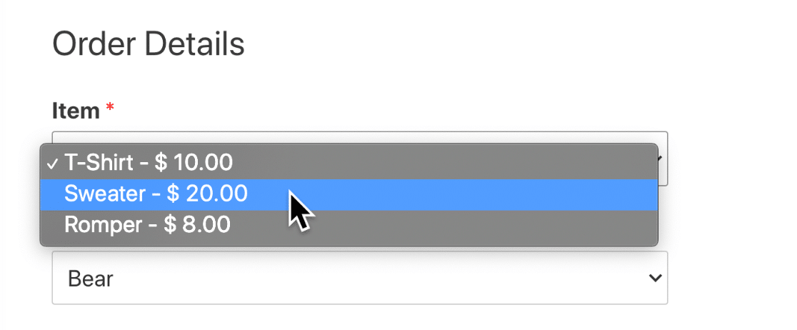 Online payment form price dropdown