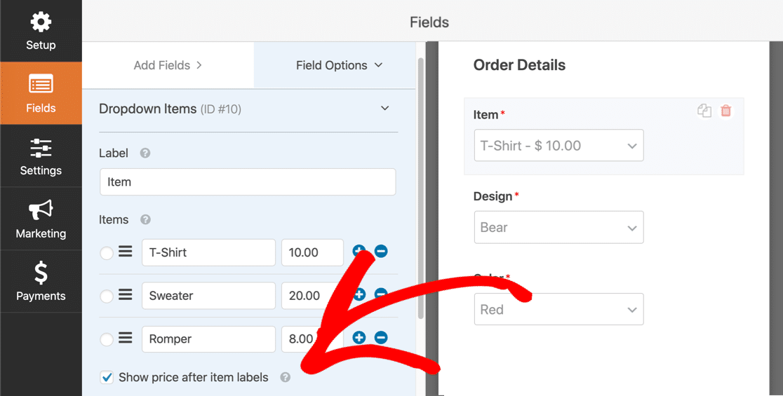 Online payment form price labels