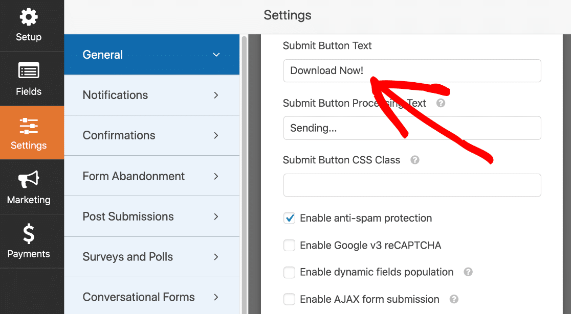 Change submit button text on online payment form