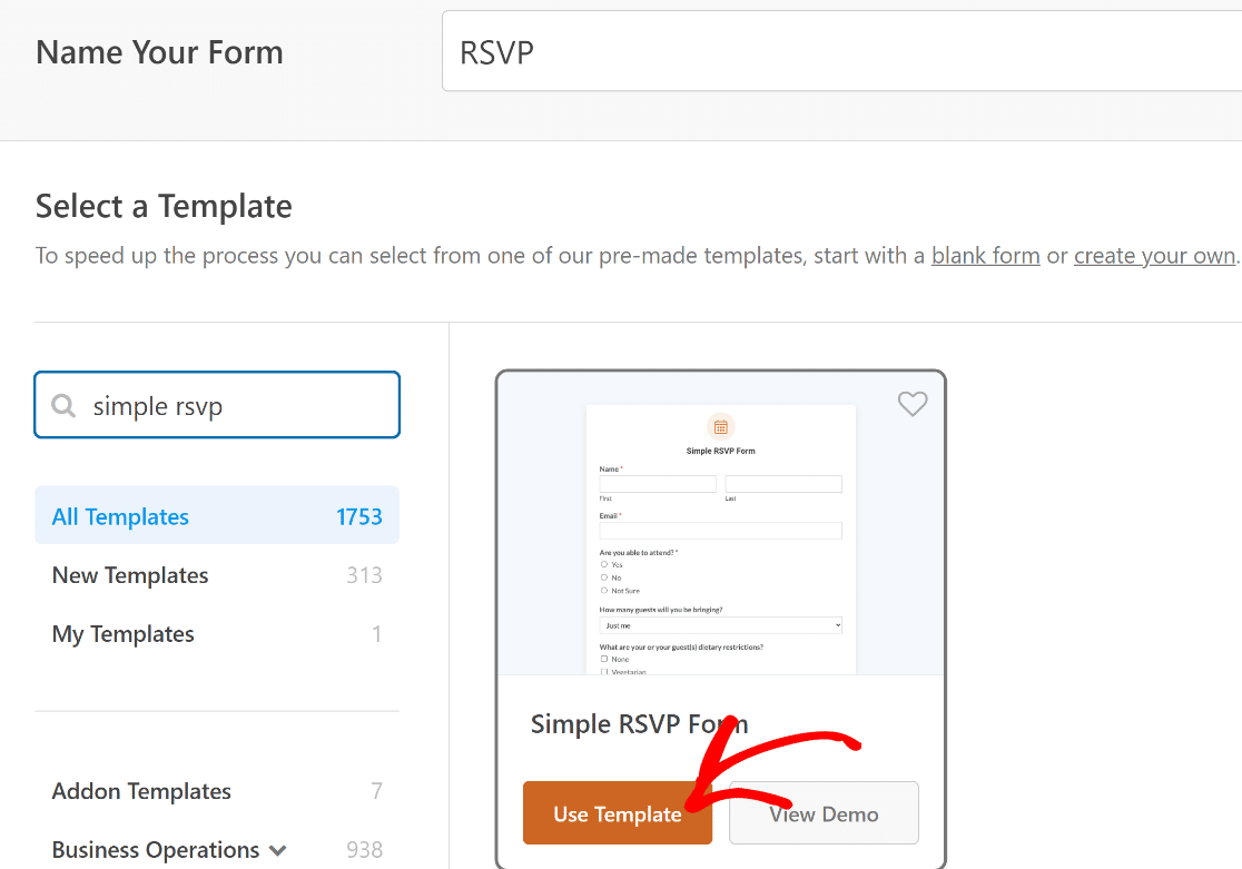 RSVP form template