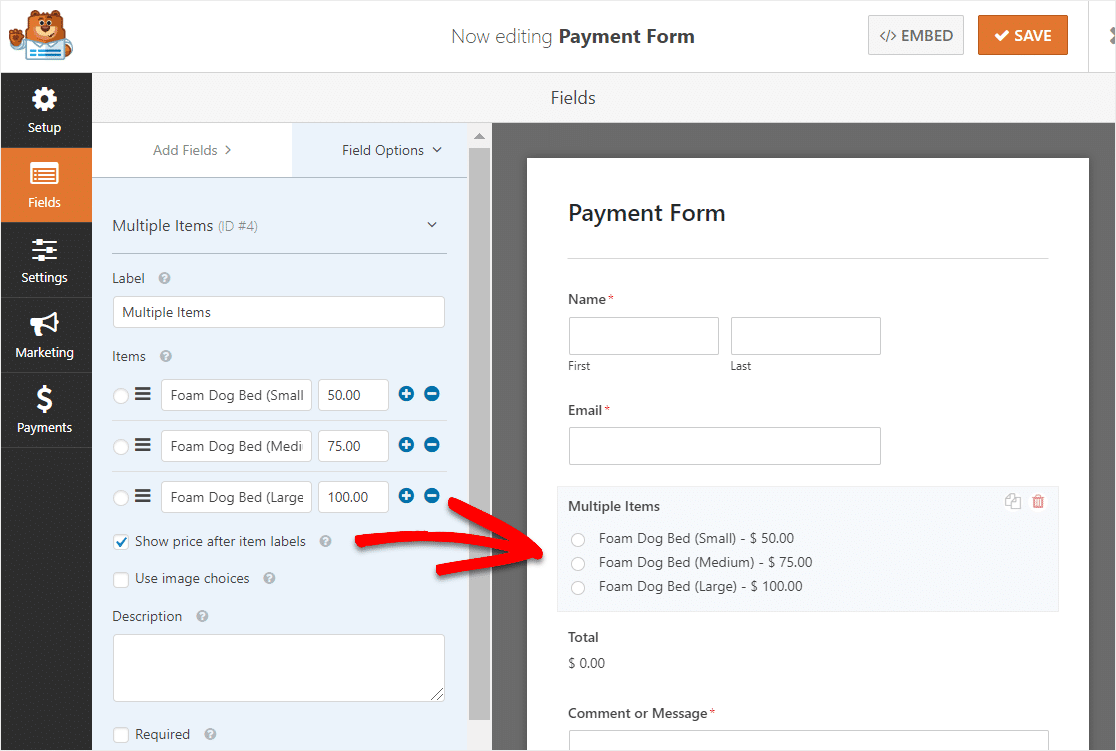 show price after item labels