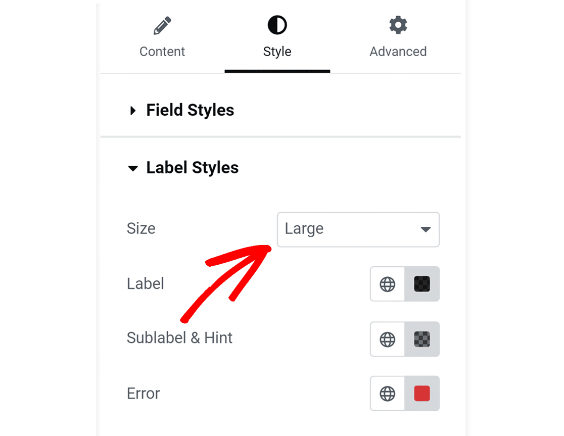 Label sizes option in Style tab